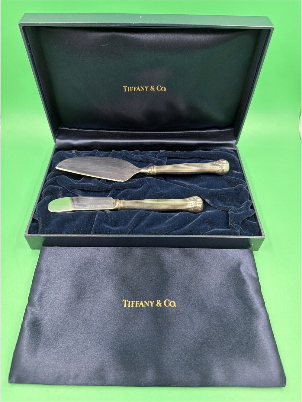 Vintage TIFFANY & Co. Sterling Silver Handle Lotus Cake Serving Set Knife/Server
